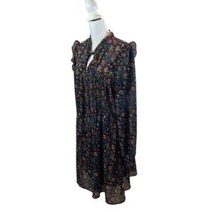 Threads & States Brand Black Floral Tie Neck Dress with Ruffle‎ Detail Size XL